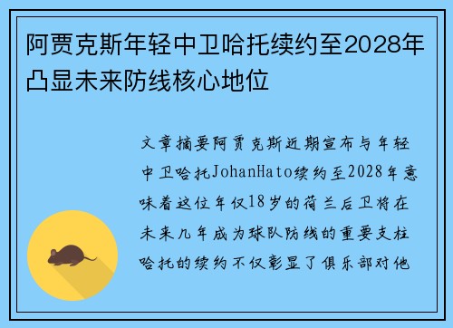 阿贾克斯年轻中卫哈托续约至2028年凸显未来防线核心地位